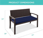 Best Choice Products Outdoor Bench 2-Person Wicker Garden Patio Benches Seating Furniture for Backyard, Porch w/Seat Cushion, 700lb Capacity - Navy/Brown