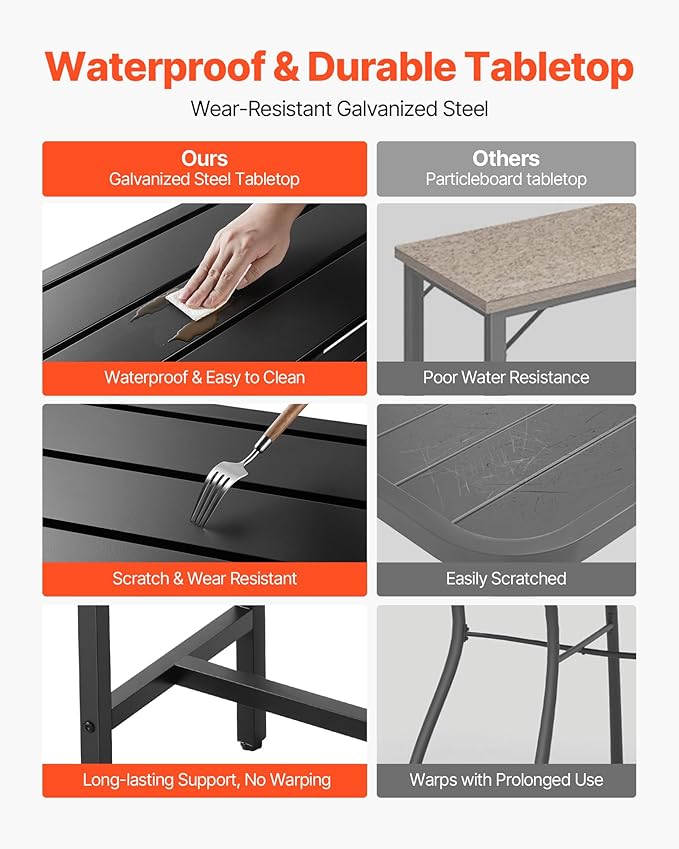 VEVOR Outdoor Bar Table, 63 x 15 in Patio Bar Table, Waterproof Top & Sturdy Metal Frame, Rectangle Counter Height Dining Tables, Outdoor Furniture for Balcony, Yard, Hot Tub, Poolside, Indoor