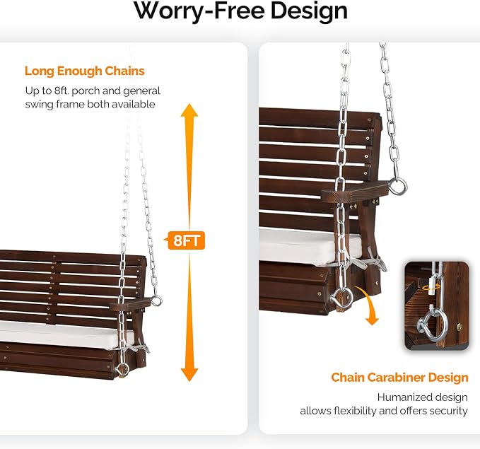 Porch Swing, Rustic Wood Hanging Bench with 880 lb Capacity
