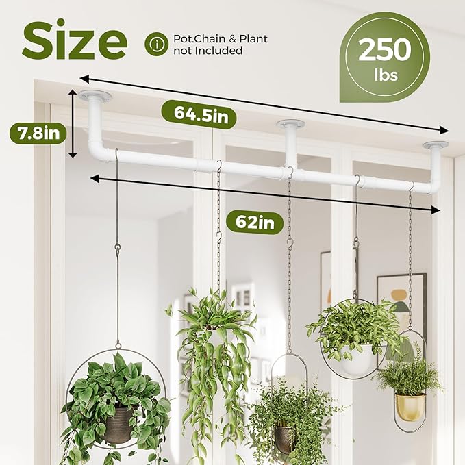 Bamworld Window Plant Hanger Indoor 63in Hanging Planters for Indoor Plants Hanging Plants Holder Hanging Rod Window Plant Shelves Wall Planters Pot/Chain/Plant Not Included (White)