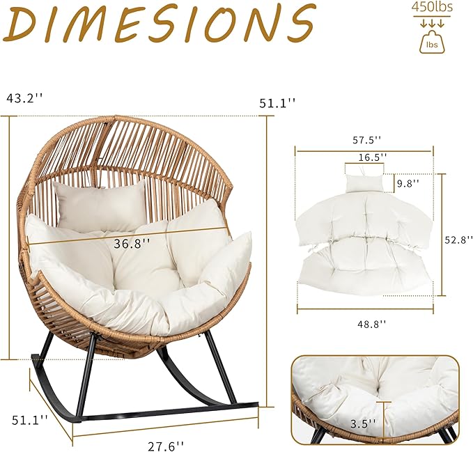 Shintenchi Egg Chair Outdoor, Oversized Outdoor Indoor Wicker Rocking Chair, Large PE Rattan Egg Rocking Chair with Cushion for Patio, Balcony, Backyard, Garden, Beige