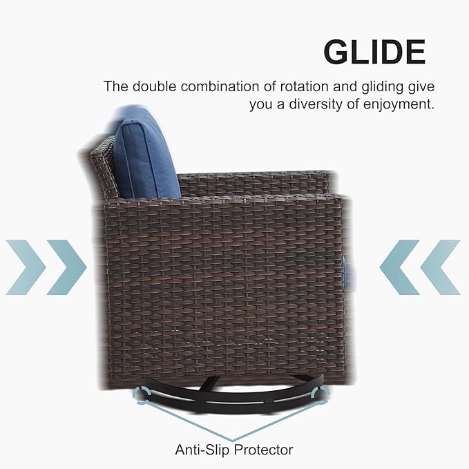 Belord 5 Pieces Wicker Patio Furniture Set: 4 Outdoor Swivel Glider Rocker Patio Conversation Set with 50000BTU Propane Fire Pit Table, All Weather Brown Rattan Anti-Rust Frame, Blue Cushion