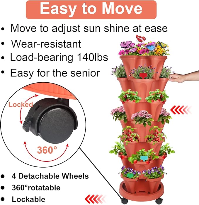 GameXcel Vertical Planter, 7 Tier Stackable Strawberry Planter with Garden Tool Set, Movable Indoor/Outdoor Garden Herb Pot for Growing Vegetables and Succulents, Red