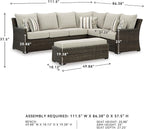 Signature Design by Ashley Brook Ranch Casual Nuvella Weather Resistant Fabric Right Hand Facing Outdoor Sofa Sectional/Bench with Cushion and 6 Throw Pillows, Set of 3, Beige & Dark Brown