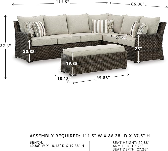 Signature Design by Ashley Brook Ranch Casual Nuvella Weather Resistant Fabric Right Hand Facing Outdoor Sofa Sectional/Bench with Cushion and 6 Throw Pillows, Set of 3, Beige & Dark Brown