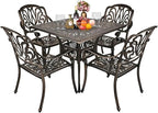 VINGLI 5 Pieces Outdoor Patio Dining Set, Cast Aluminium Patio Furniture Set with 4 Chairs and 1 Umbrella Table for Yard, Garden, Porch and Poolside, Bronze