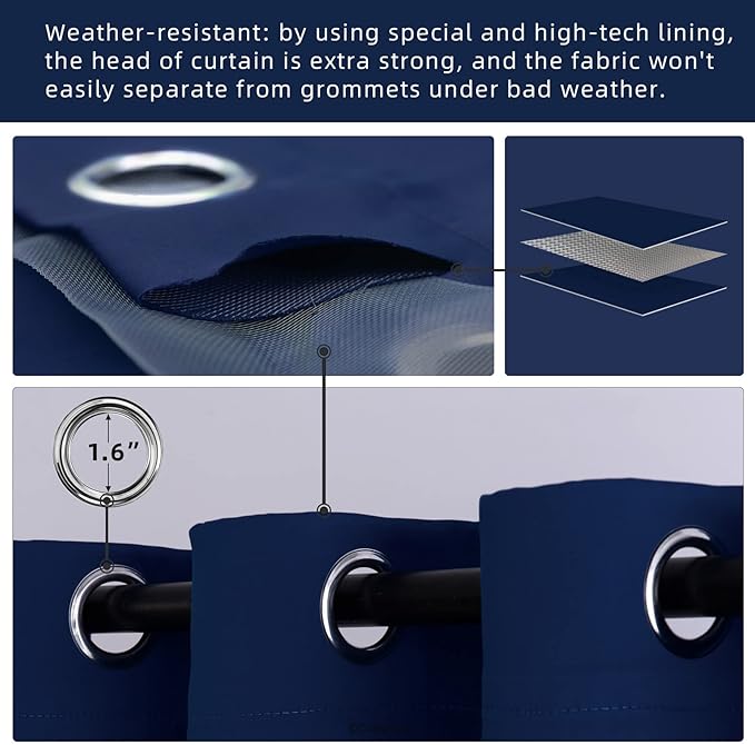 Water Proof Outside Curtains with Grommet Top for Porch, W52 x L132 Thermal Insulated Washable Light Block Outdoor Divider Drapes for Patio Gazebo Deck Pool Area Pergola Cabana (Navy)