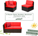 Devoko 2-Piece Modern Red Rattan & Metal Patio Sofa Set - Sectional Corner Sofa & Armless Sofa