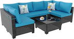 Outdoor Wicker Patio Furniture Set, Rattan Sectional Sofa Set with Thick Cushions (Brown/Peacock Blue, 7 Piece Sofa Set)