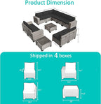 12-Piece Outdoor Patio Furniture Set Wicker Sectional Sofa Set, Patio Conversation Set with Thickened Cushions & Coffee Table for Garden, Backyard, Poolside, Dark Grey