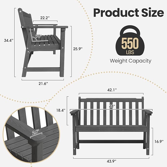 Ciokea 48" Outdoor Bench Set of 2, HDPE Weatherproof Garden Bench, 2-Person Memorial Benches with 550 Lbs, Waterproof Patio Porch Benches for Outside Balcony Deck Backyard, Dark Grey