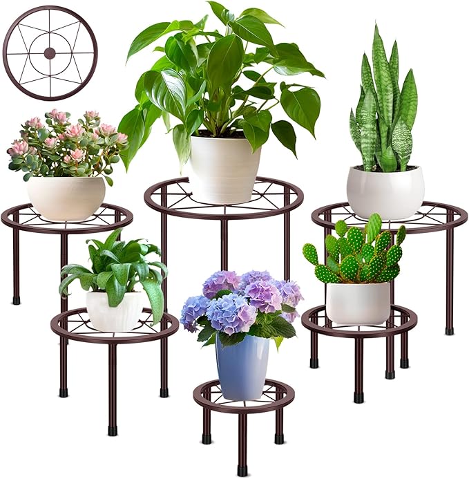 6 Pack Metal Plant Stands, Heavy Duty Plant Stand for Indoor Outdoor, Anti-Rust Iron Flower Pot Stands Outdoor Plant Holder, Potted Plant Shelf for Living Room Balcony Garden Patio, Bronze
