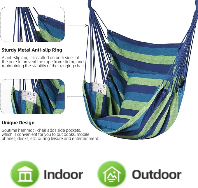 Hammock Chair in Cotton Macrame, Blue and Green, Holds 330 lbs