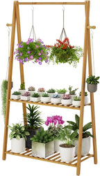 Hanging Plant Shelf Indoor Outdoor Plant Stands Wood Flower Stand 2 Tiered Bamboo Plant Shelves Holder Rack for Patio Balcony Garden (Tall,50 inch)