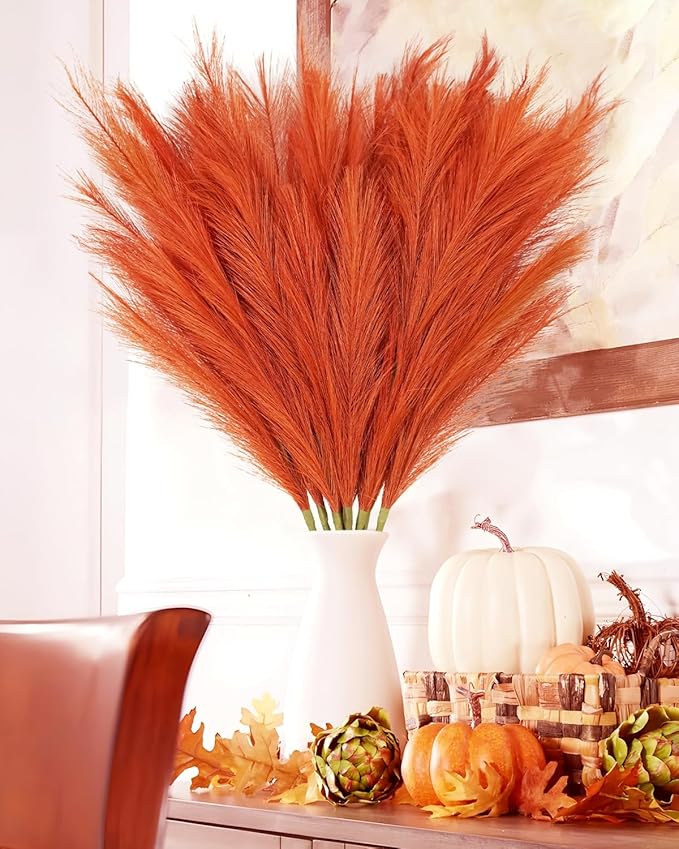 Faux Pampas Grass Stems 8 Pack, 35 Inch Burnt Orange Silk Greenery