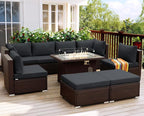 NICESOUL 8 Seat Extra Large Patio Furniture Set with Firepit Table Natural Gas/Propane, 29.3'' High-Back Luxury Outdoor Sectional Conversation Sets for 6 People, Brown Rattan and Dark Grey Cushion
