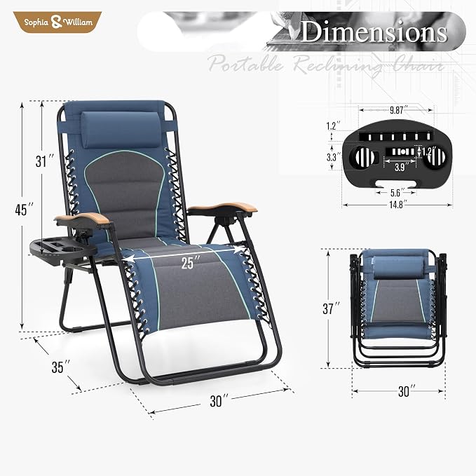 Recliner Zero Gravity Lounge Chair, Oversized Steel Frame, 400 lb, Blue