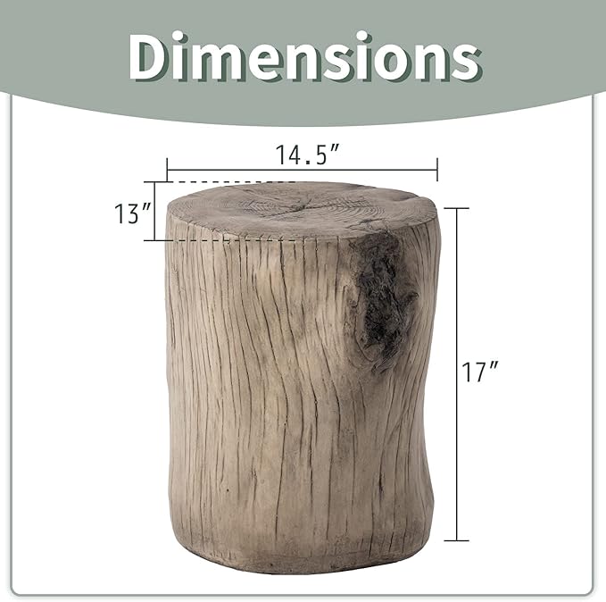 Side Table Concrete Stump Design, Light Grey, 17 Inches Tall