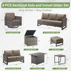 Belord Outdoor Sectional Sofa with 41" Propane Fire Pit Table - 9 Piece Patio Conversation Set with Storage Box and Swivel Rocker Chairs All-Weather PE Wicker Furniture Set Gray