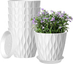 6 Pack 7 Inch Plant Pots with Drainage and Saucers, White Plastic Flower Pots for Indoor and Outdoor Plants, Stackable Nursery Planters for Houseplants and Herbs, White