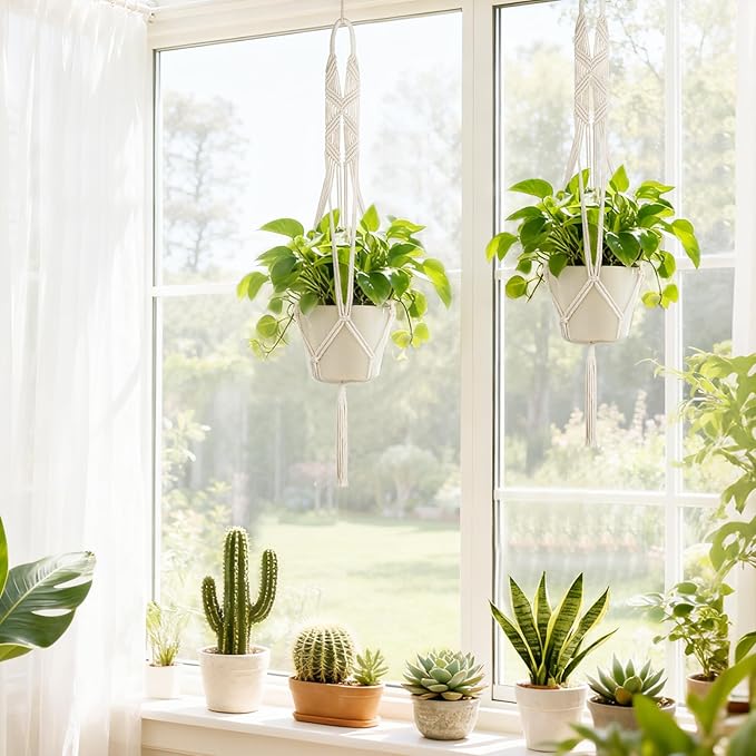 Mkono 2 Packs 43 Inch Macrame Plant Hanger Large for up to 12 Inch Pot Extra Long Hanging Plant Holder Hanging Planter Basket for Indoor Outdoor Boho Home Decor(POTS NOT Included)