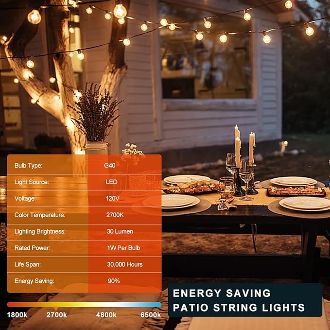 String Lights 100 FT Outdoor LED Patio Lights, 50 Bulbs, Warm White