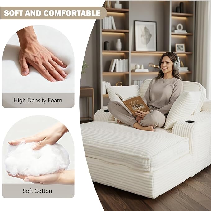 67" Oversized Chaise Lounge Chair Indoor, Soft Boneless Cloud Couch with 3 Pillows, 4 Side Pockets and 2 Cup Holders, Comfy Corduroy Sleeper Couch for Living Room Bedroom