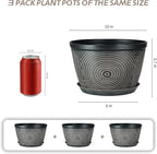 Quarut 10 Inch Flower Pots for Outdoor Indoor, 3 Pack Plastic Plant Pots with Drainage Hole & Tray, Modern Decorative Garden Pot with Saucer, planters for House (Brown)