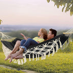 Hammock Hanging Swing Double Max 500lbs Macrame for Indoor Outdoor Patio Yard Garden (Black Gray)