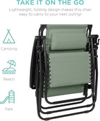 Best Choice Products 30” Wide Folding Zero Gravity Outdoor Recliner Patio Lounge Chair w/Adjustable Canopy Shade, Headrest, Side Accessory Tray - Sage Green