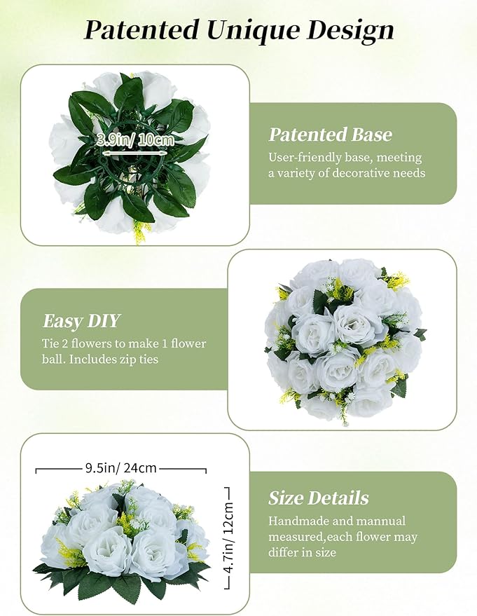 Artificial Flowers White Silk Rose Ball Centerpieces with Plastic Base