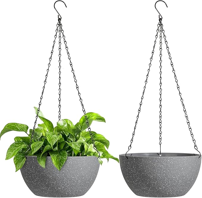 T4U Hanging Planters for Indoor Plants, 10 Inch Hanging Planter Outdoor 2 Pack, Hanging Basket with Drainage Holes, Hanging Plant Holder Indoor, Flower Pots, Plant Pots for Garden, Grey