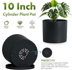 10 Inch Round Plastic Plant Pot with Drainage Holes and Saucer, Wide Flower Pots for Indoor & Outdoor Plants– 7.9" Tall Modern Cylinder Planter Pot for House Plants and Home Decorative, Matte Black