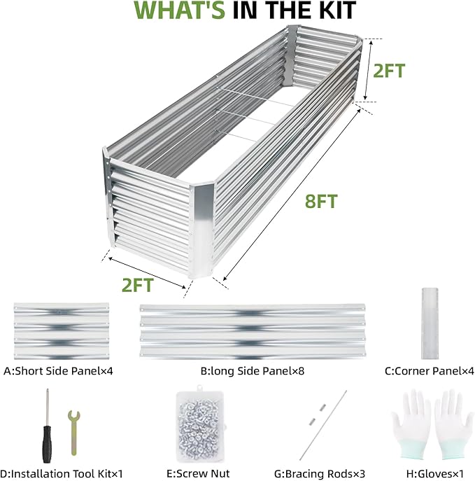 8x2x2ft Raised Garden Bed - Galvanized Deep Root Planter Boxes Outdoor with Wing Nuts and Safety Edges for Gardening Vegetables, Flowers, Herbs, Succulents - Silver