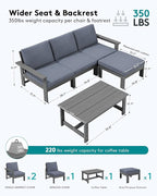 SERWALL Outdoor Sectional Sofa Set, 5-piece Outdoor Modula Couch Set with Ottoman, All Weather Patio Furniture Set with Chaise for Deck, Lawn, Gray Frame with Gray Cushion