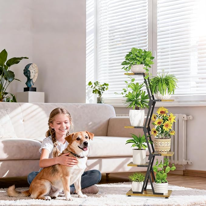iDavosic.ly 5 Tier Indoor Plant Stand, Corner Tall Metal & Wood Flower Shelf, Orchid Display Rack for Living Room Balcony Patio Porch, Space Saving & Multifunctional Display, Black & Brown