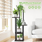 5 Tier Wood Tall Plant Stand Metal Rack Indoor, Multiple Flower Pot Holder Shelves Corner Rack, Round Planter Shelf Display Rack Storage Organizer for Patio Living Room Balcony(Black Oak)
