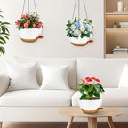 10 inch Hanging Planters for Indoor Plants, 3 Pack Self-Watering Hanging Planter Pots with Chain and Drainage Holes, Outdoor Hanging Baskets for Garden Home Decor (White With Brown, 3pcs/10inch)