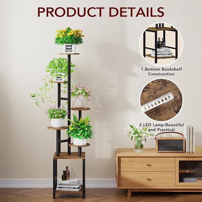 Plant Stand Indoor with Grow Light,6-Tiered Tall Plant Stand Indoor, Metal Plant Shelf with Adjustable Light, Ideal for Living Room, Garden, Patio (Black Brown)