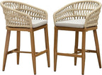 PURPLE LEAF Outdoor Rattan 24" Counter Height Bar Stools Chair Set of 2, Modern Upholstered Patio Bar Stool with Backrest for Indoor and Outdoor, Kitchen Island, Teak