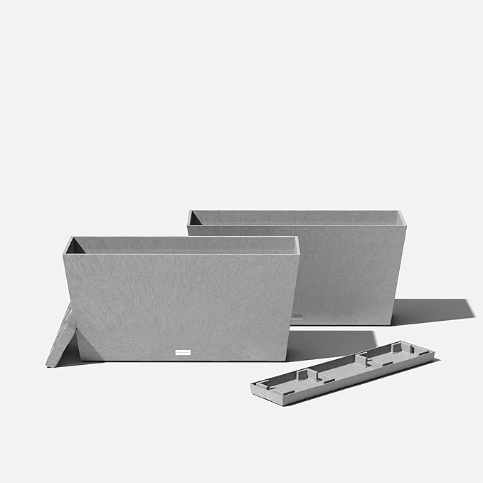 Veradek Midori Long Trough Planter (Light Grey, 31 inch - 2 Pack with 2 Saucer Trays)