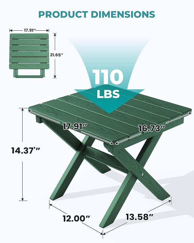 Side Table, Folding Adirondack Style, Green HDPE for Patio and Deck