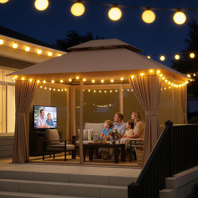 Aoxun 10x12 Outdoor Gazebo with 50FT LED Hanging Lights Metal Frame Canopy with Double Roofs Heavy Duty Party Tent Shelter with Mosquito Netting and Privacy Screen for Backyard, Lawn, Garden(Khaki)