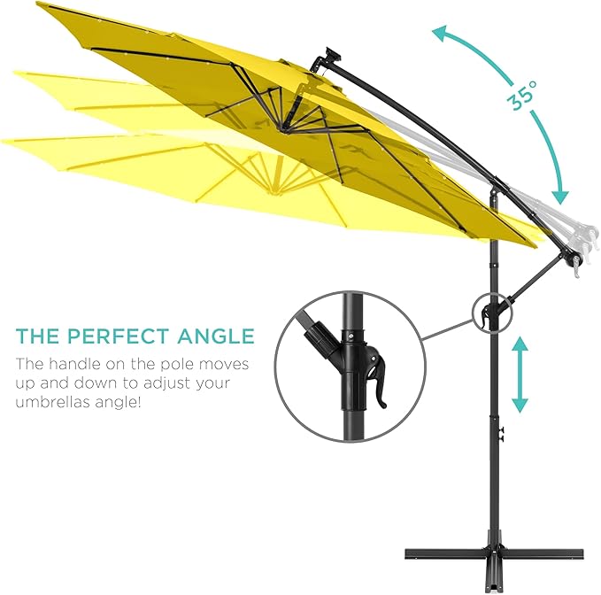 Best Choice Products 10ft Solar LED Offset Cantilever Hanging Market Patio Umbrella, 8 Sturdy Ribs, Easy Adjustment - Yellow