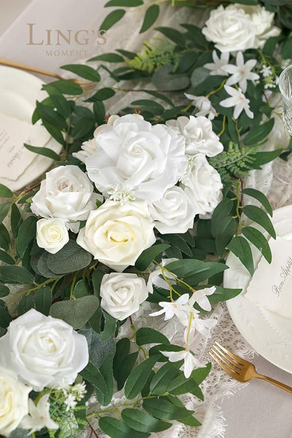 Artificial Floral Garland, 6 Ft Ivory Eucalyptus and Rose Decor