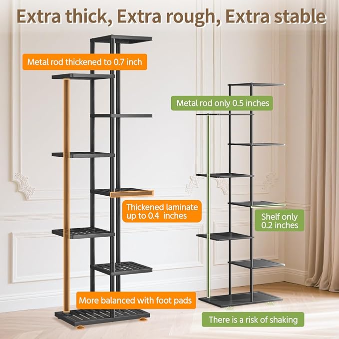 LASZOLA 7 Tier Plant Stand Indoors Outdoors for Large Heavy Duty Planter, Black Metal Tall Flower Holder Rack with Multiple Shelf for Modern Patio Corner, Vertical Organizer, Weather Resistant Bracket