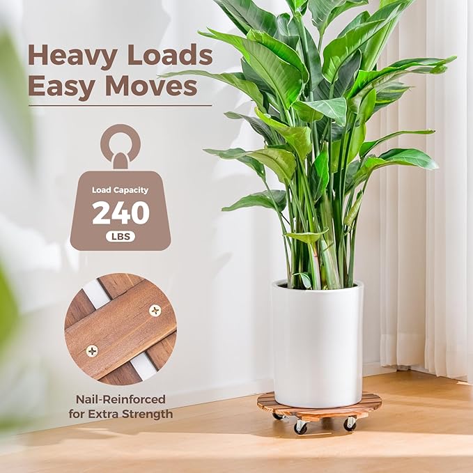 Bamworld Plant Stand Outdoor Rolling Tray Plant Caddy with Wheels 12in Plant Caster with Wheels Planter Caddy Flower Cart Plant Dolly for Heavy Duty Large Plants Plant Rollers (2 Pack )
