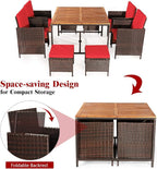 Tangkula 9 Pieces Acacia Wood Patio Dining Set, Space Saving Wicker Chairs and Wood Table with Umbrella Hole Outdoor Furniture Set, Suitable for Garden, Yard, Poolside, Outdoor Seating Set