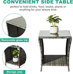 VINGLI Outdoor Wicker Side Table Patio Side Tables for Outside, Tempered Glass Top Wicker Table with Storage End Table for Balcony Porch Deck (Grey)