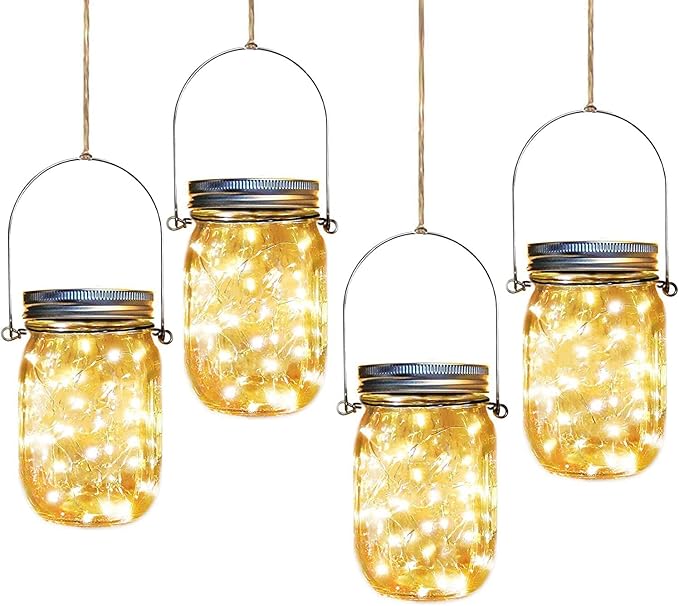 Path Lights, 4-Pack Solar Mason Jar Lanterns with 30 LEDs